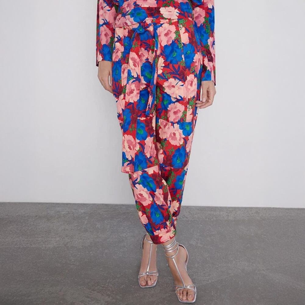 Zara Multicolor Floral Tie Waist Cargo Jogger Pants Size XS